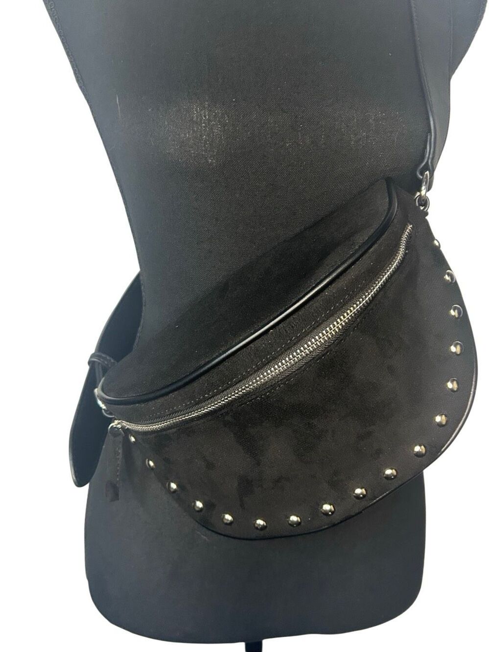 Ahdorned Black Vegan Faux Suede Studded Boho Belt Bag Crossbody Sling Purse